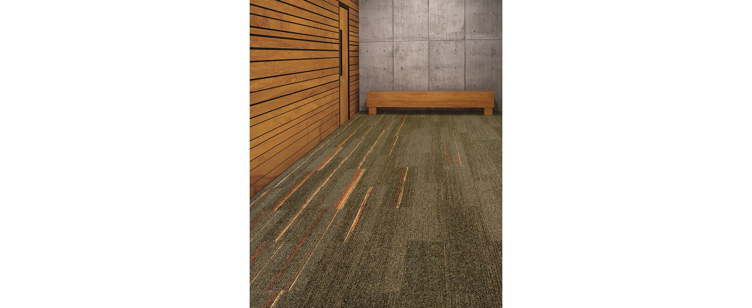 Interface Ground Waves and Harmonize plank carpet tile against wood and cement walls with wood bench image number 3